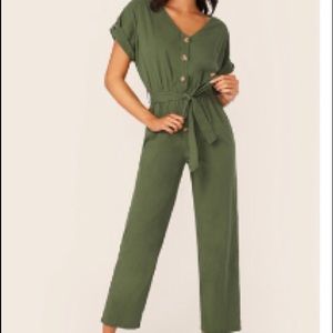 Olive button up jumpsuit